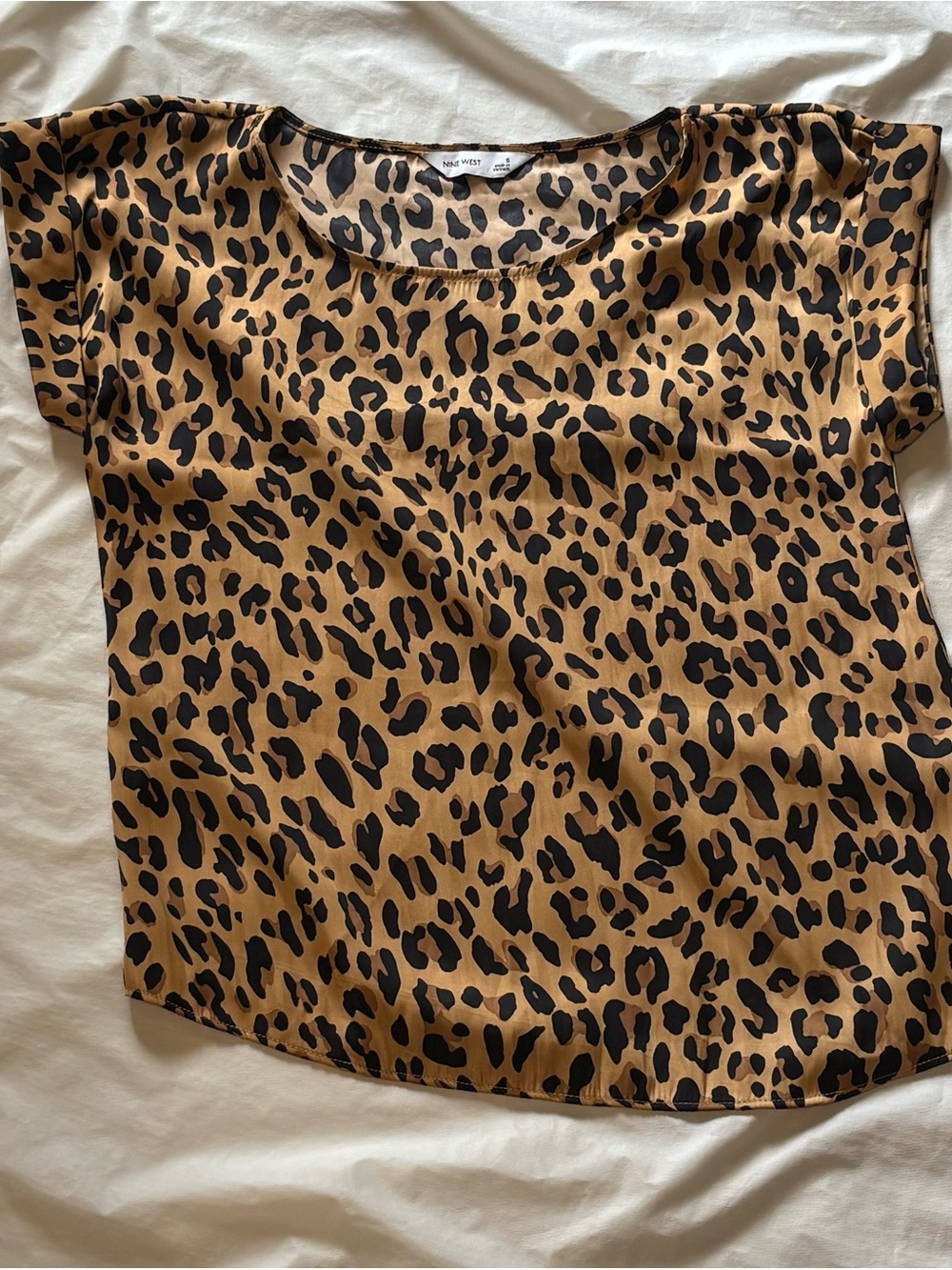 Nine West Tan and Black Leopard Print Short Sleeve Blouse